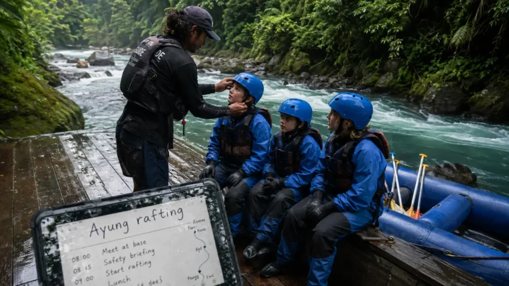 Ubud Bali white water rafting Ayung : guide ajuste les casques sur un raft, jungle et rivière.