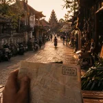 Ubud centre Bali, rue balinaise au coucher du soleil, carte Centre Ubud