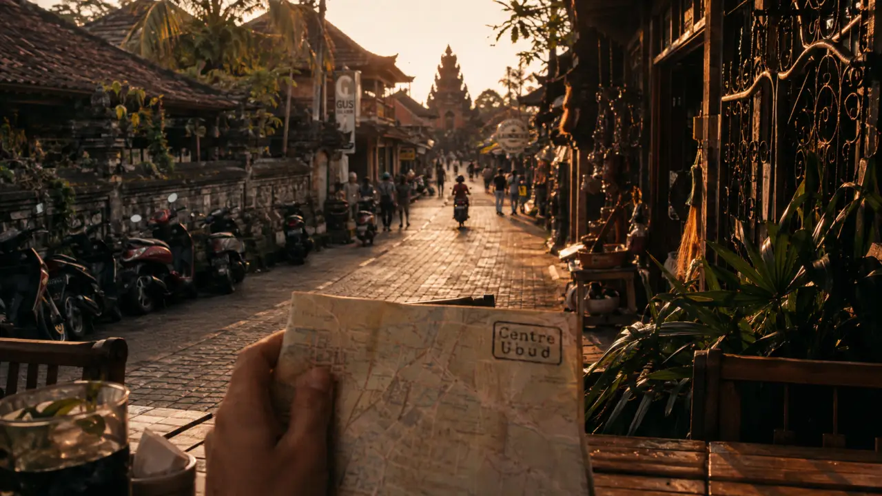Ubud centre Bali, rue balinaise au coucher du soleil, carte Centre Ubud