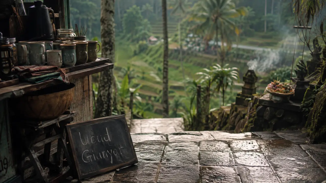 Ubud Gianyar Regency Bali Indonesia : rizières en terrasse et chemin humide
