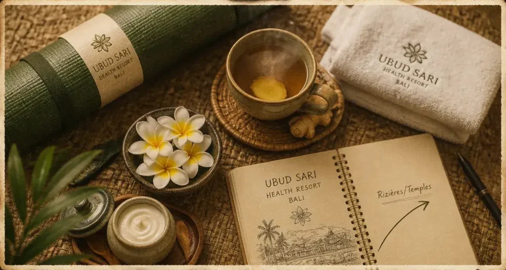 Ubud Sari Health Resort Bali : tasse thé gingembre, crème massage, ambiance bien-être à Ubud