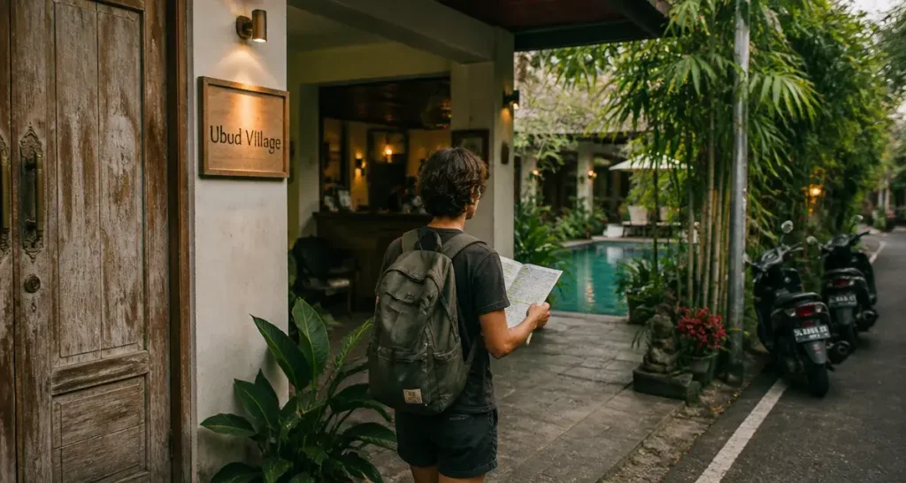 Ubud Village Hotel Bali à Ubud : entrée et jardin tropical, voyageurs devant la réception
