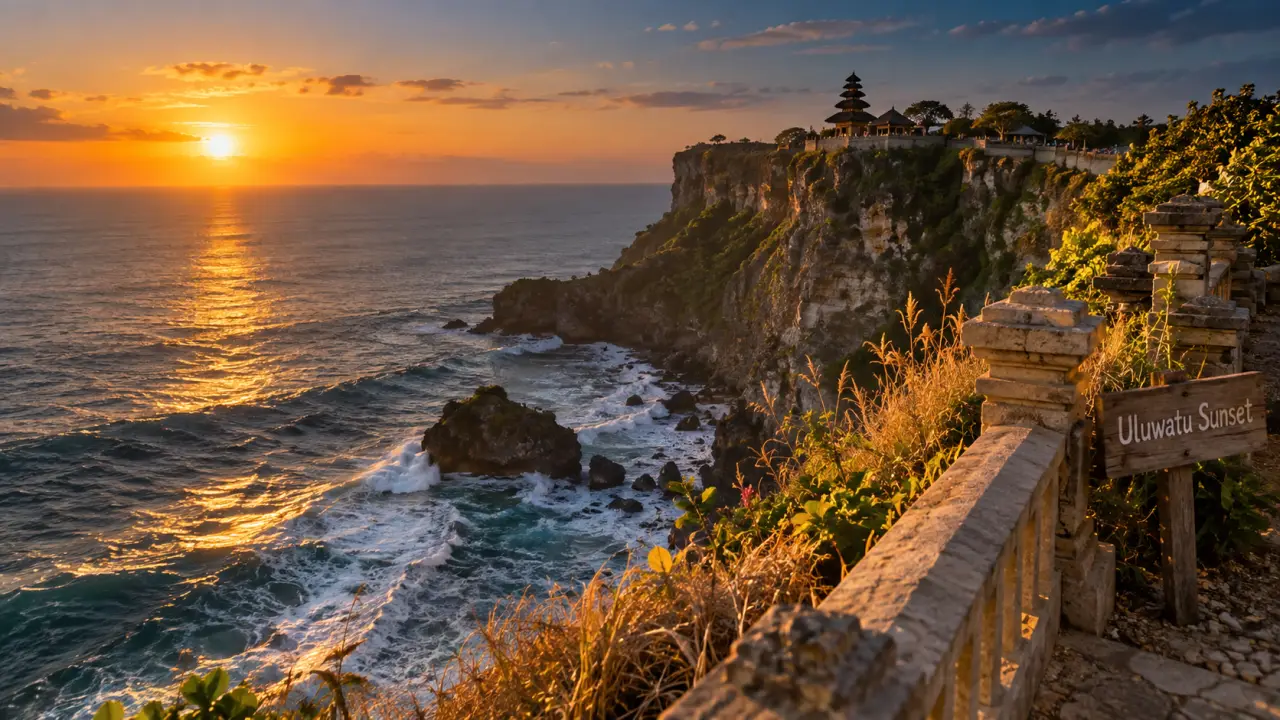 Photo Uluwatu à Bali : coucher de soleil sur falaises et temple