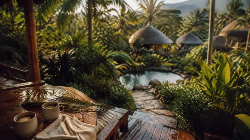 Visesa Ubud Resort Bali, terrasse en teck et jardin tropical près d’Ubud