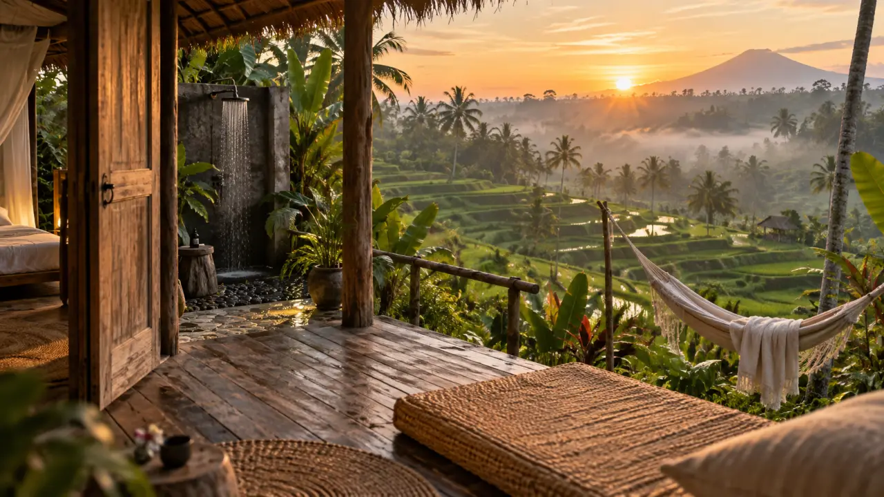 Voyage Bali bungalow : vue sur rizières depuis la terrasse