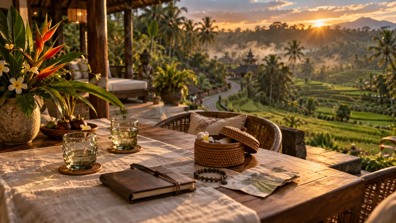 Voyage de noce Bali : villa et rizières d’Ubud au coucher du soleil