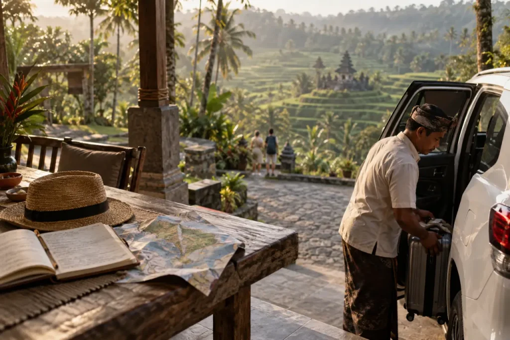 Voyage sur mesure bali : chauffeur ajuste une valise, carnet et carte de l’île