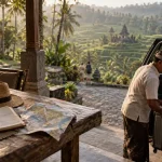 Voyage sur mesure bali : chauffeur ajuste une valise, carnet et carte de l’île