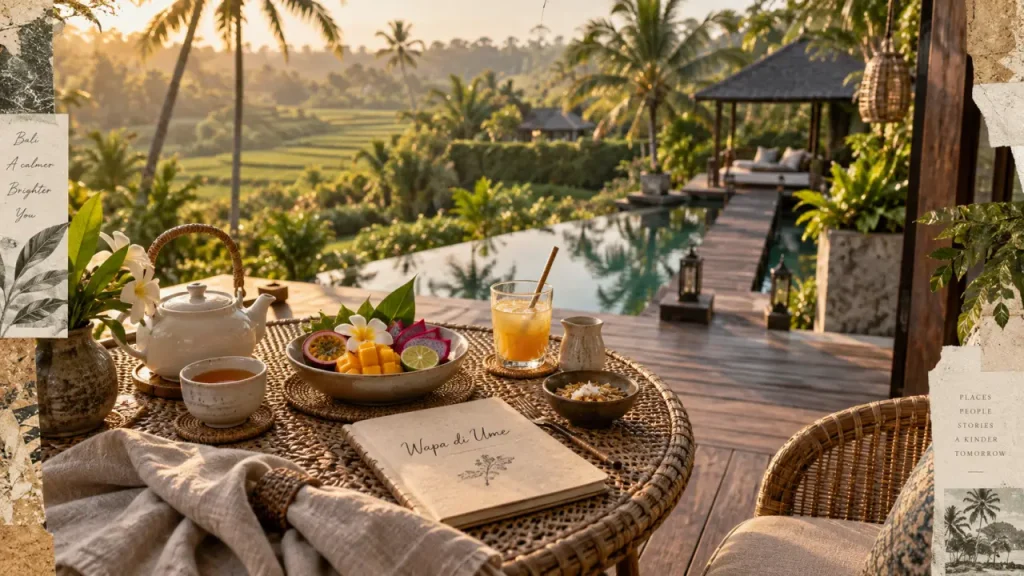Wapa di ume Ubud Bali : table petit-déjeuner, rizières et piscine