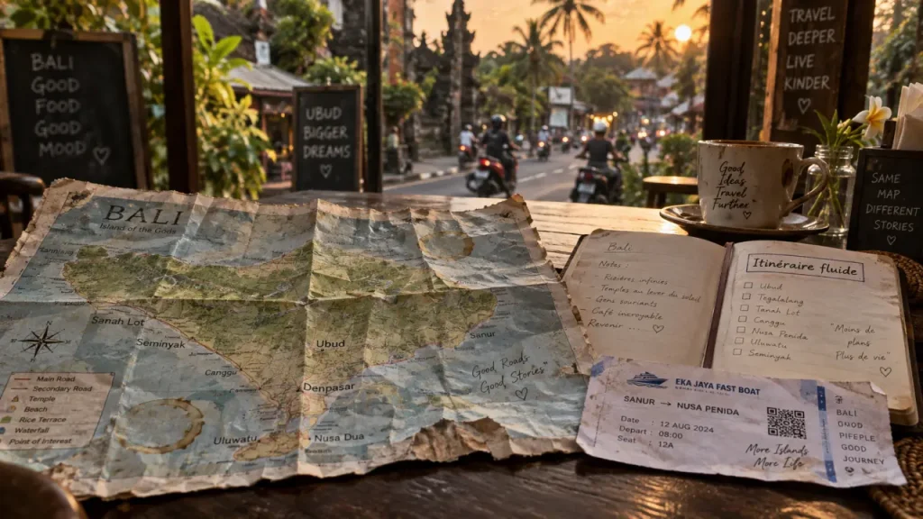 Bali indonésie voyage : itinéraire fluide sur carnet et carte