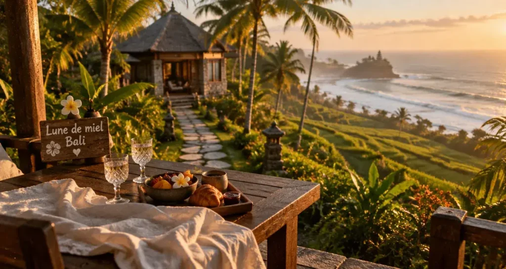 Bali voyage de noce luxe : petit-déjeuner en villa avec vue sur rizières et mer
