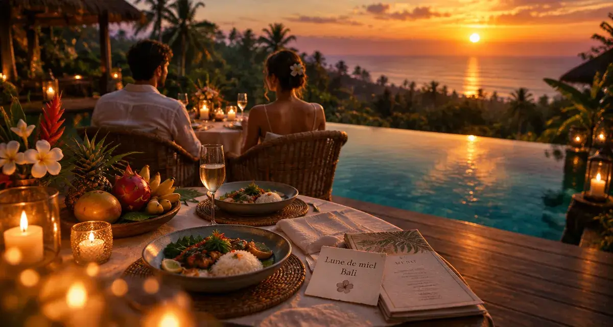 Bali voyage de noce prix : dîner romantique sur terrasse, piscine à débordement.