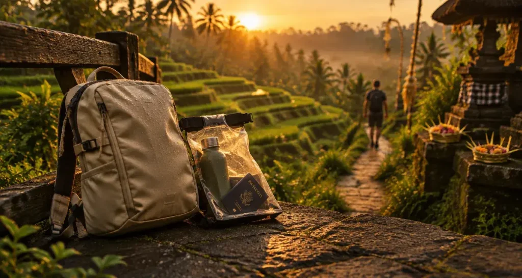 Bali voyage sac a dos : sac à dos près des rizières d’Ubud au coucher de soleil