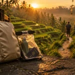 Bali voyage sac a dos : sac à dos près des rizières d’Ubud au coucher de soleil