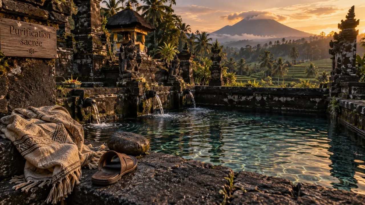 Best temples in bali : bassin de purification et sarong près de Gunung Agung