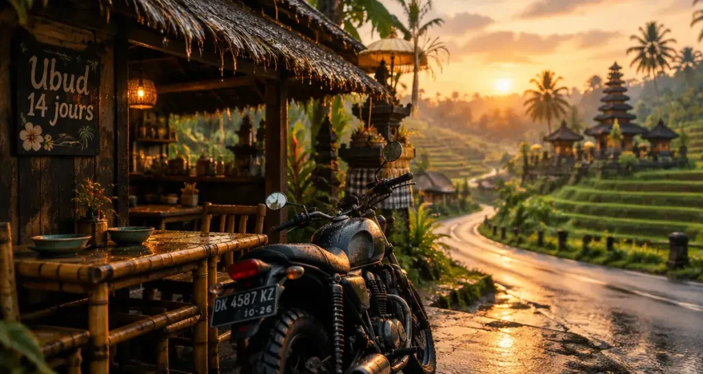 Blog voyage Bali 2 semaines : moto devant warung à Ubud, rizières et temple