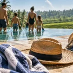 Blog voyage Bali en famille : serviette mouillée, chapeau et famille pieds dans l’eau près d’une piscine