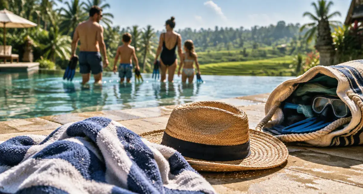 Blog voyage Bali en famille : serviette mouillée, chapeau et famille pieds dans l’eau près d’une piscine