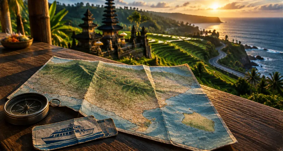 Itineraire voyage bali : carte et boussole, rizières et temple, fin d’après-midi