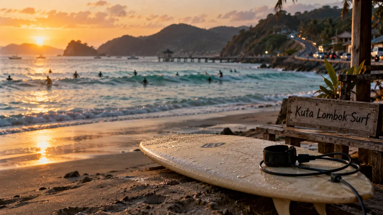 Lombok surf à Kuta Lombok, planche sur sable et surfeurs au loin