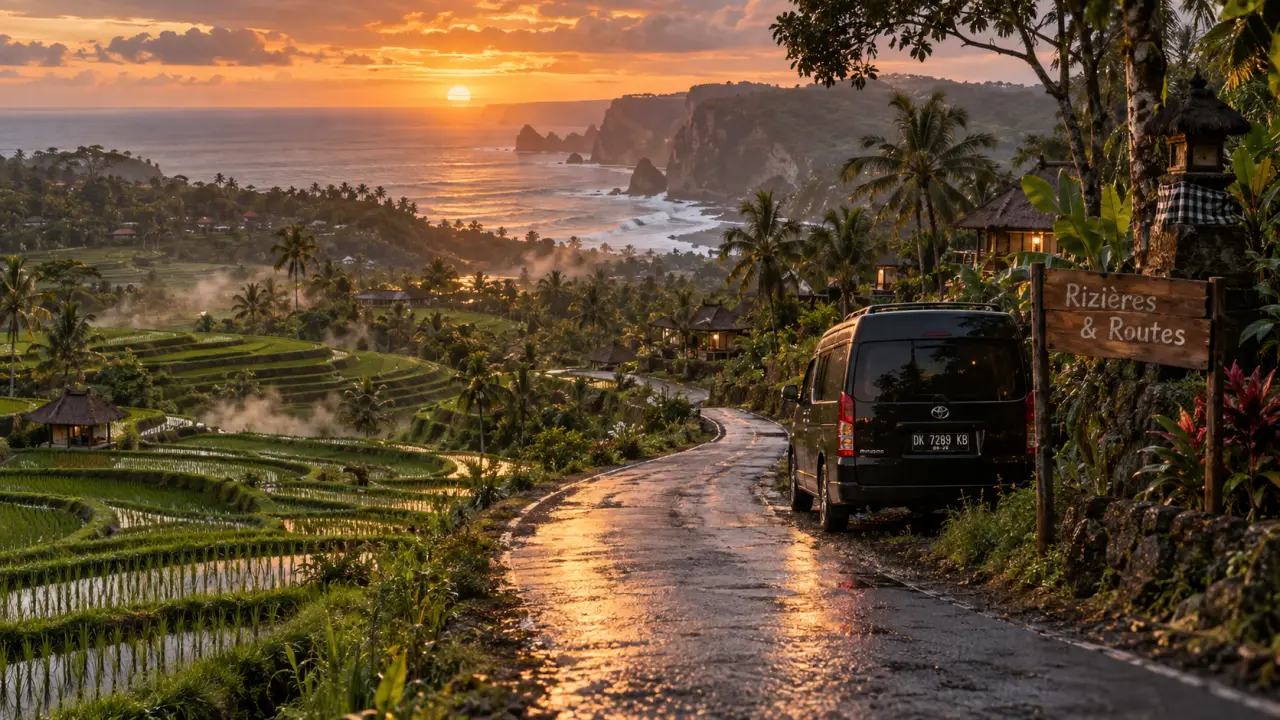 Paysage Bali voyage : rizières et route vers le coucher de soleil