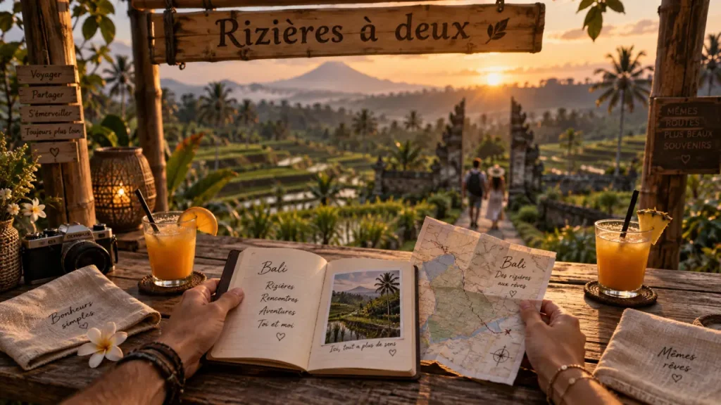 Séjour à Bali en couple : rizières à deux au coucher du soleil
