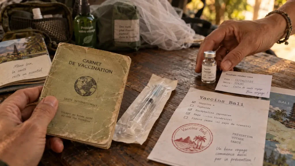 Voyage à Bali vaccinations : carnet de vaccination et seringue
