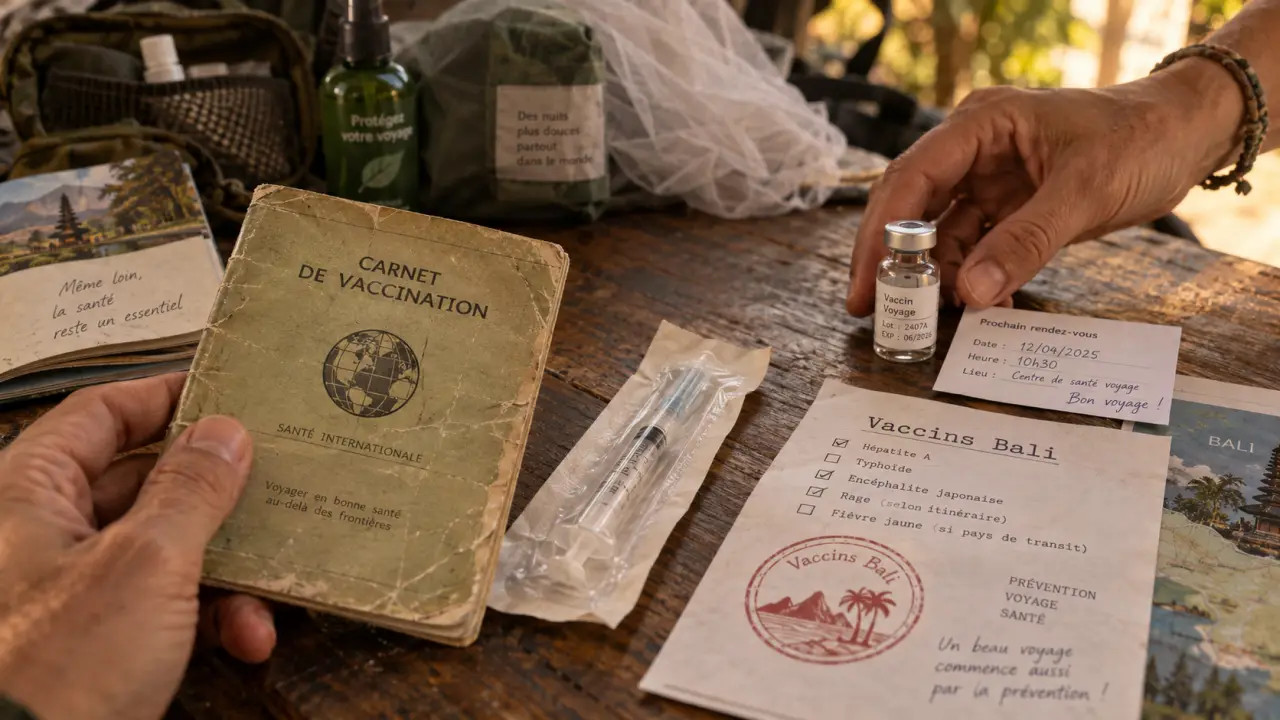 Voyage à Bali vaccinations : carnet de vaccination et seringue