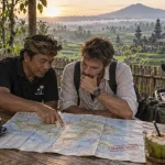 Voyage bali aout 2025 : chauffeur et voyageur consultent un plan près d’un scooter