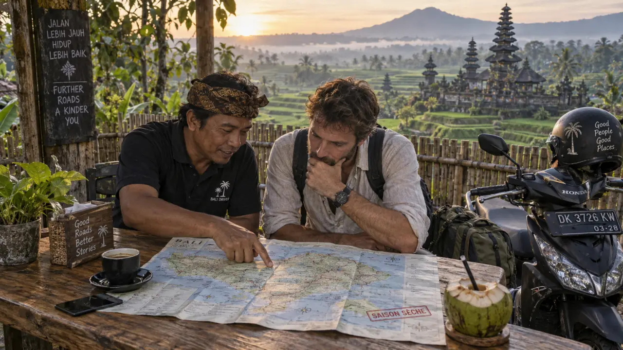 Voyage bali aout 2025 : chauffeur et voyageur consultent un plan près d’un scooter
