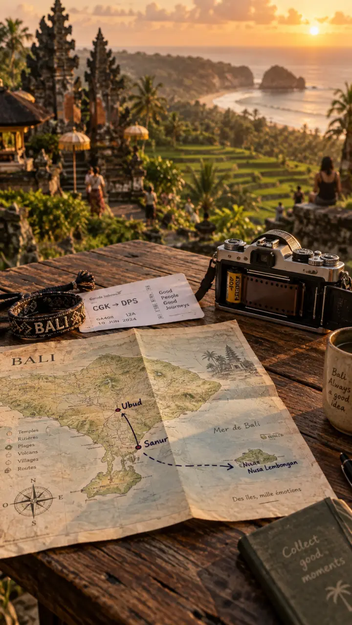 Voyage bali combiné : carte Ubud, Sanur et île, rizières et plage