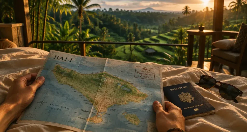 Voyage bali couple : carte routière ouverte sur Bali, rizières en arrière-plan