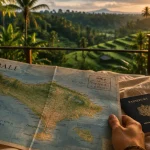 Voyage bali couple : carte routière ouverte sur Bali, rizières en arrière-plan