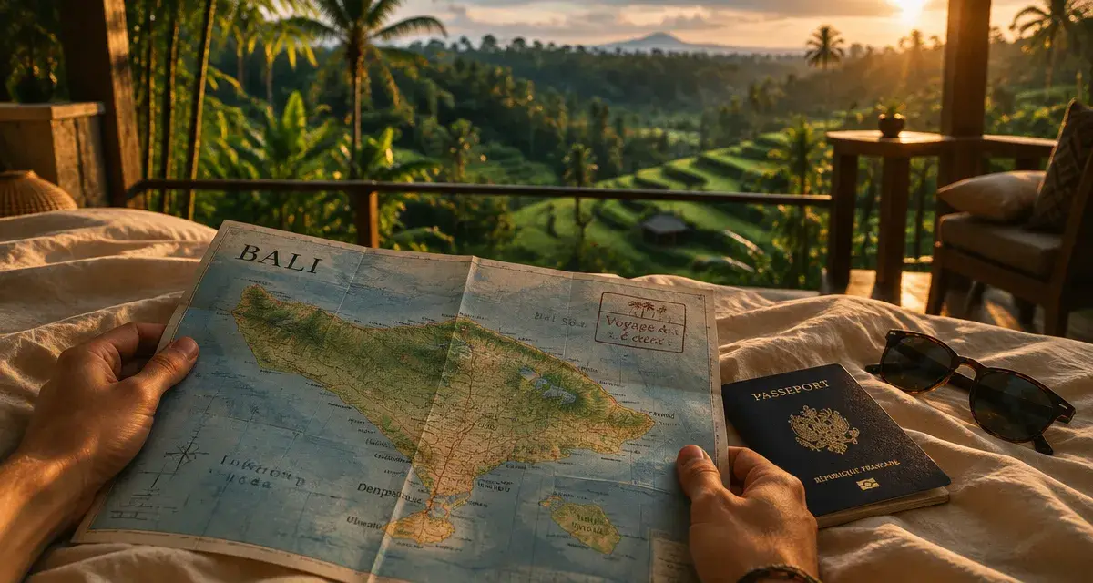 Voyage bali couple : carte routière ouverte sur Bali, rizières en arrière-plan