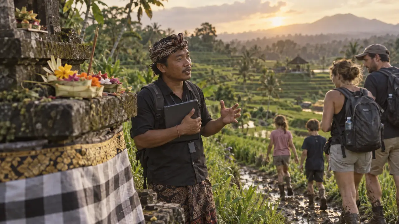 Voyage bali avec guide francophone à Jatiluwih : guide en train de traduire aux rizières