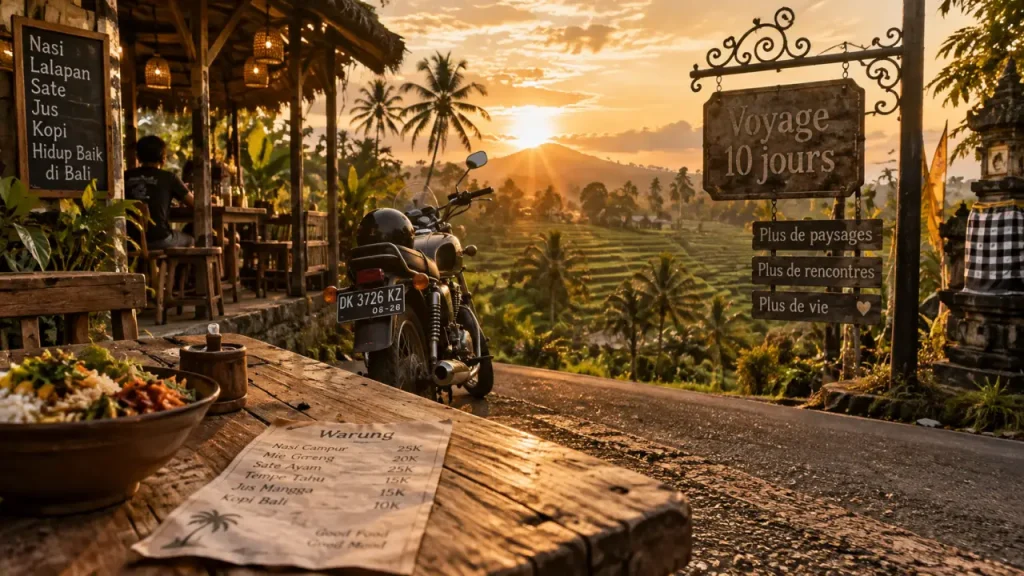 Voyage bali pas chere : warung, moto et rizières à Bali en golden hour