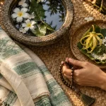 Voyage spirituel Bali : offrande sur natte et bol d’eau sacrée