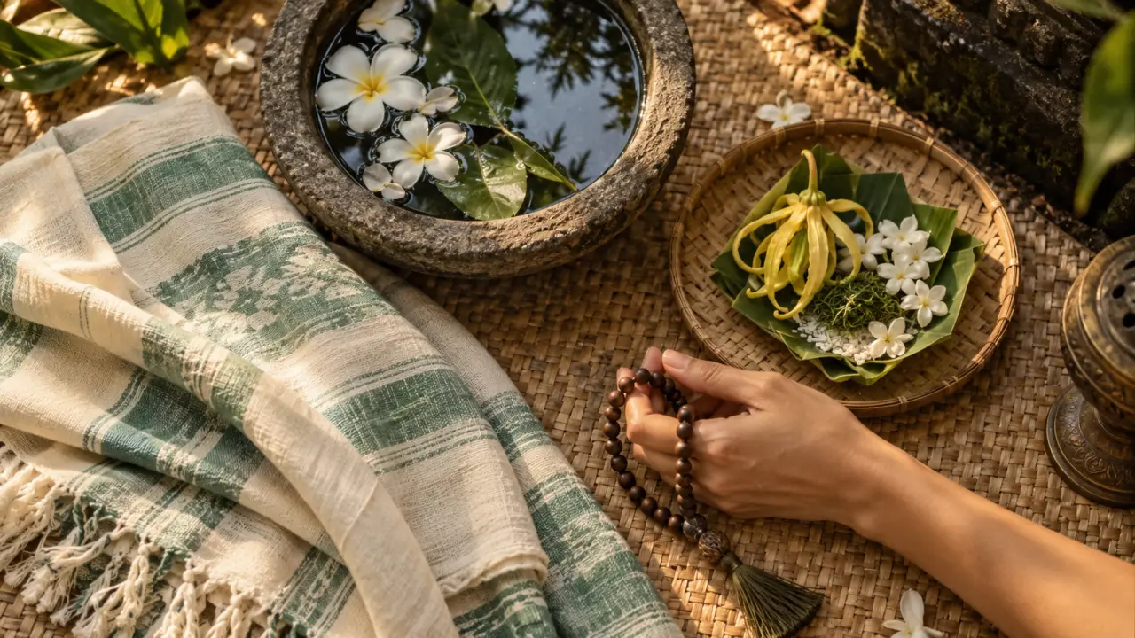 Voyage spirituel Bali : offrande sur natte et bol d’eau sacrée