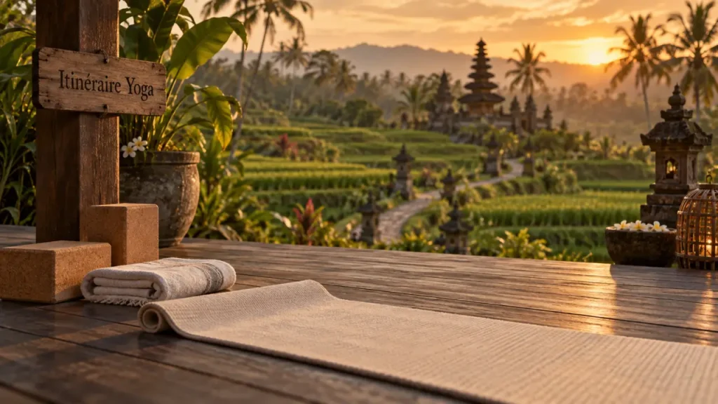 Voyage yoga Bali : tapis sur deck, rizières à Ubud, Canggu ou Sidemen