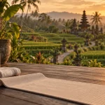 Voyage yoga Bali : tapis sur deck, rizières à Ubud, Canggu ou Sidemen